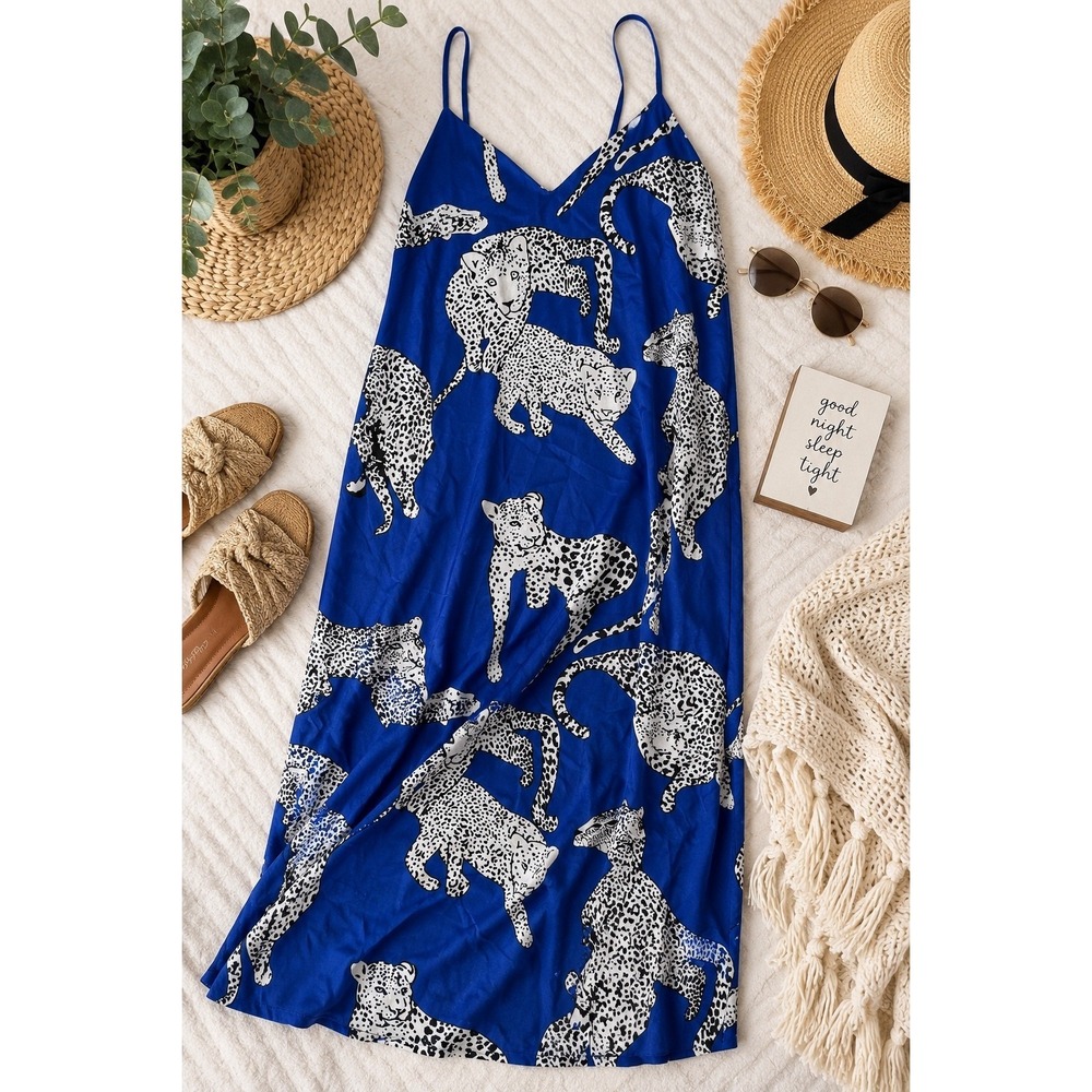 Women's XL Blue Leopard Print Nightgown Sleep Dress Spaghetti Strap Lounge Gown